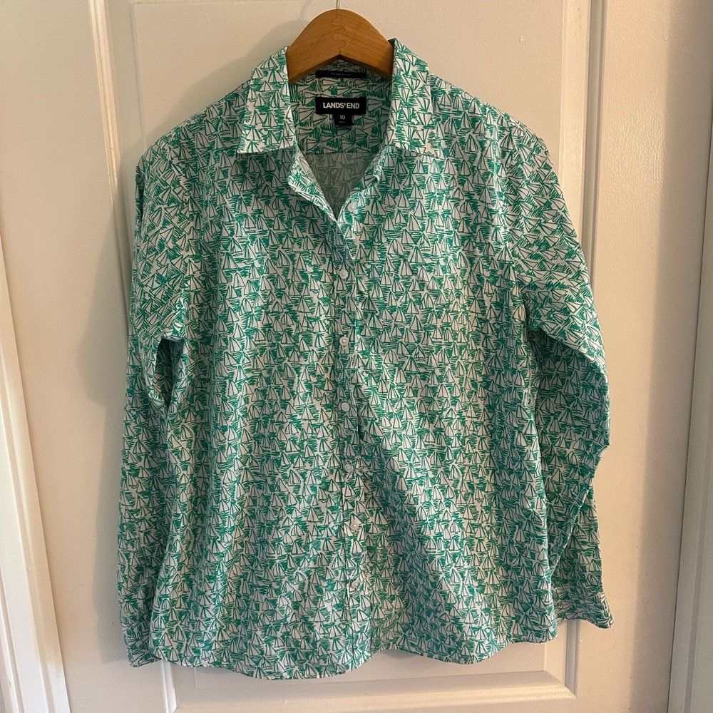 Lands' End Green Sailboat Button‎ Down Shirt